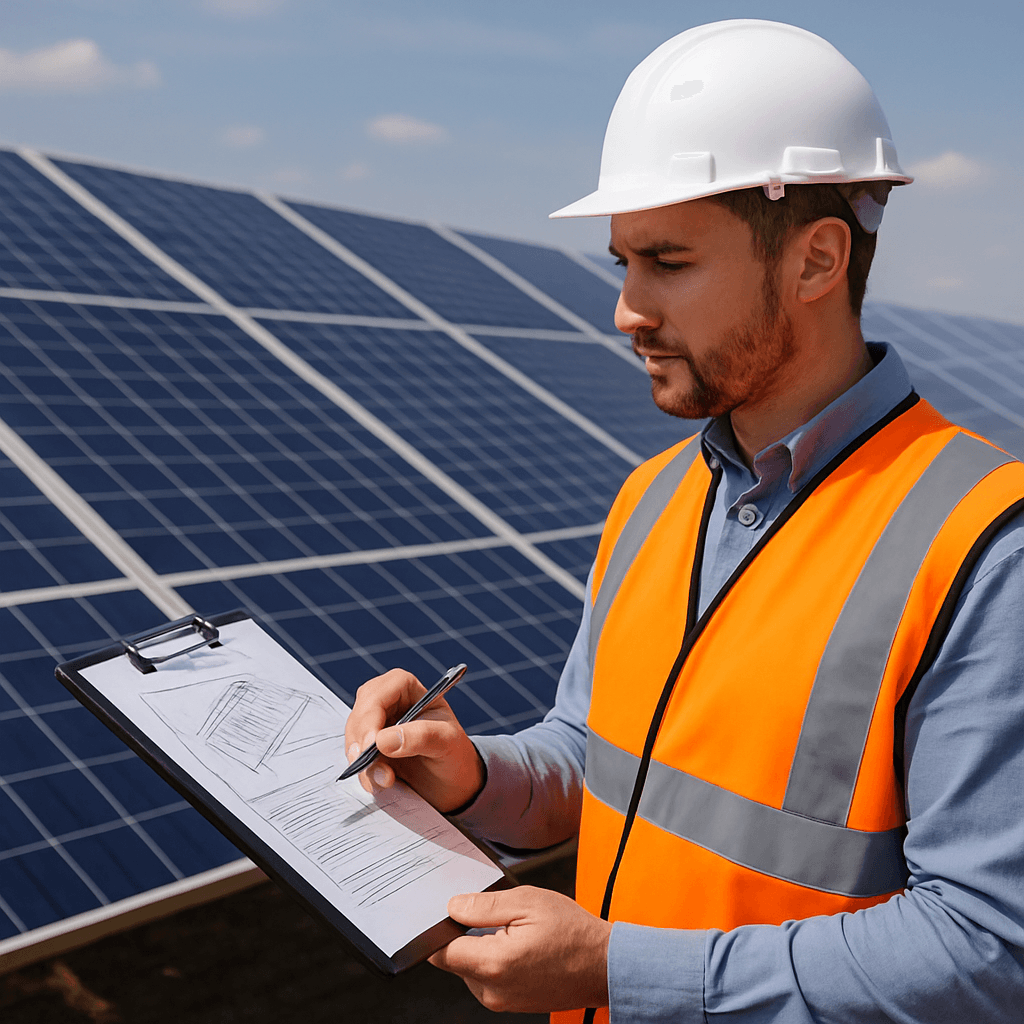 Engineer reviewing roof drawings to select a suitable solar mounting system