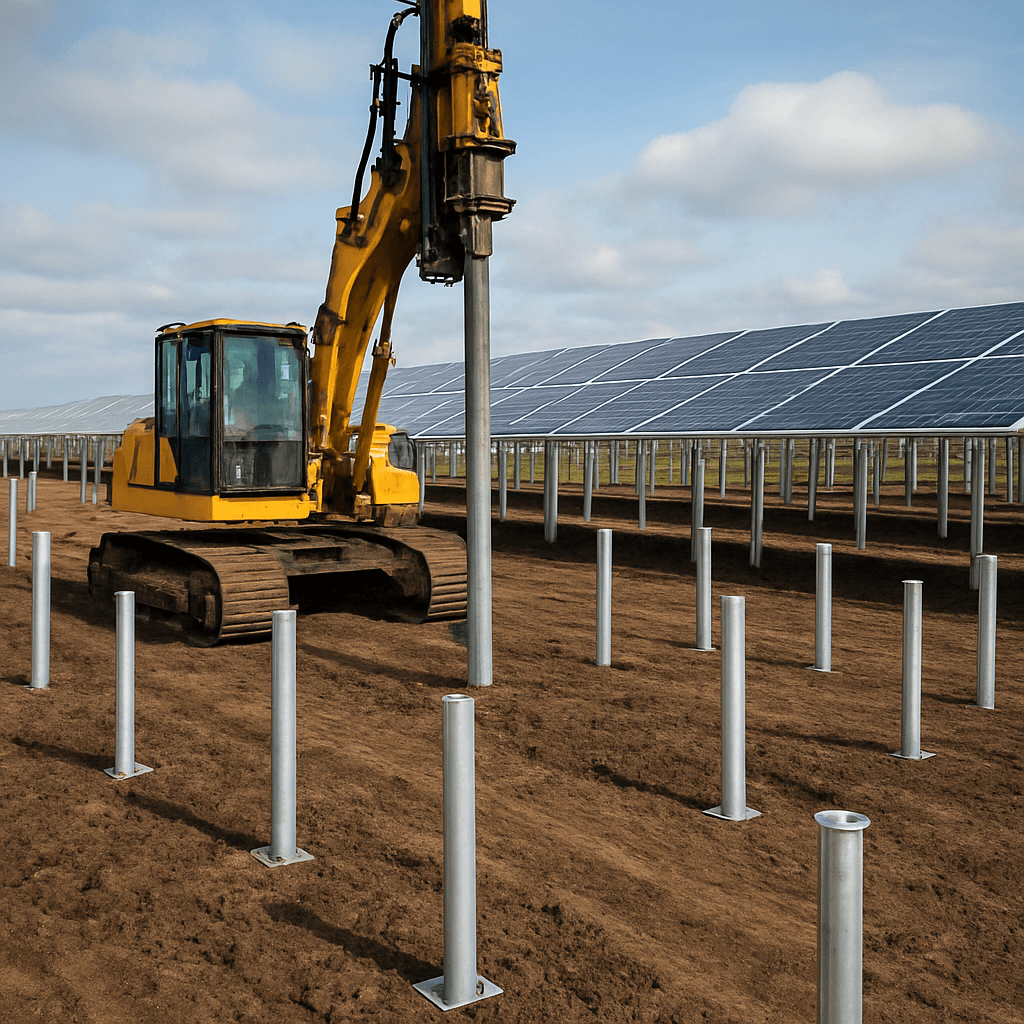 Pile-driven ground mounting foundations on a commercial solar project site