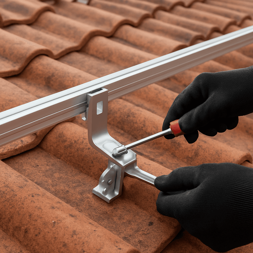 Close-up of roof hooks and clamps on a tile roof solar mounting system