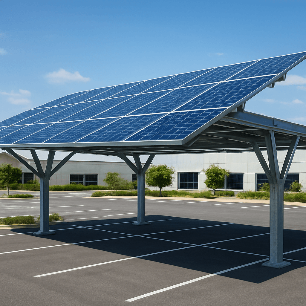 Steel solar carport structure covering parking spaces with PV modules forming the roof