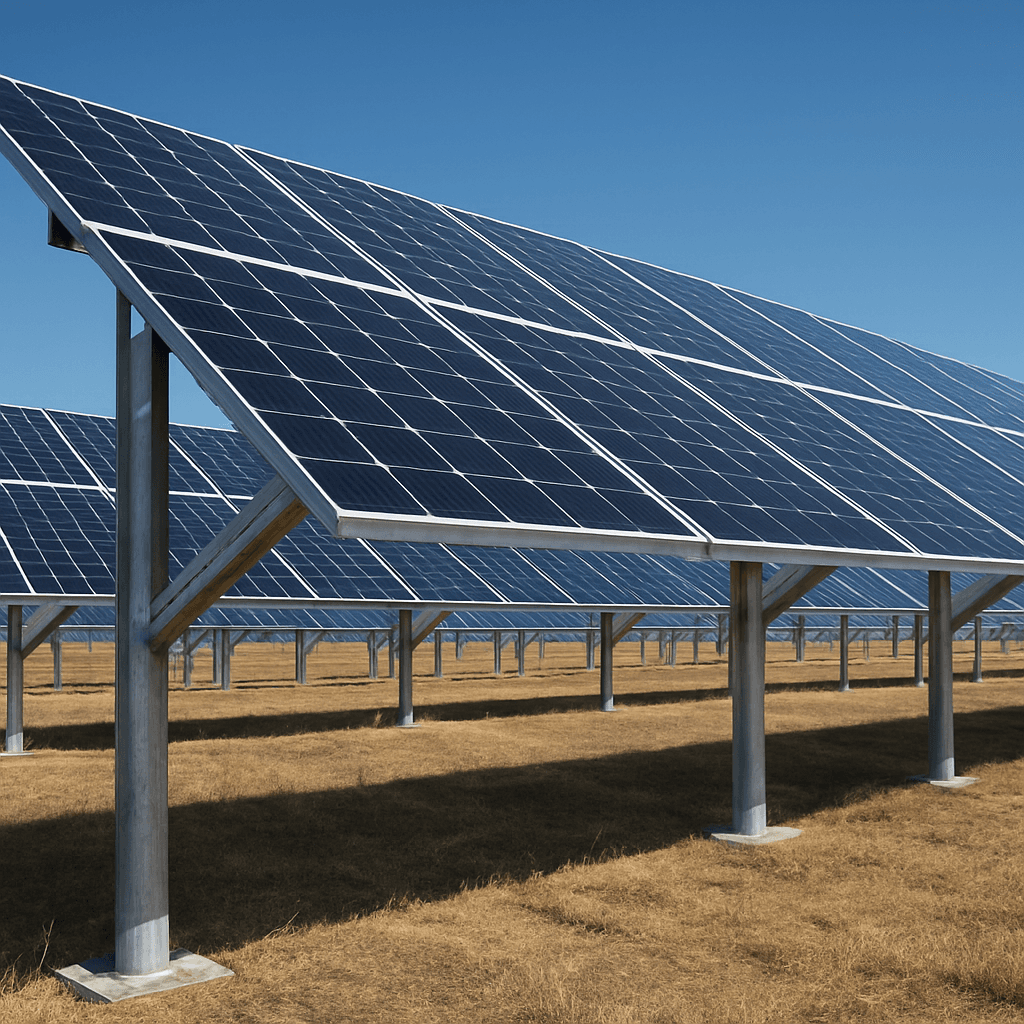 Galvanized steel ground mounting structure supporting rows of solar modules in an open field