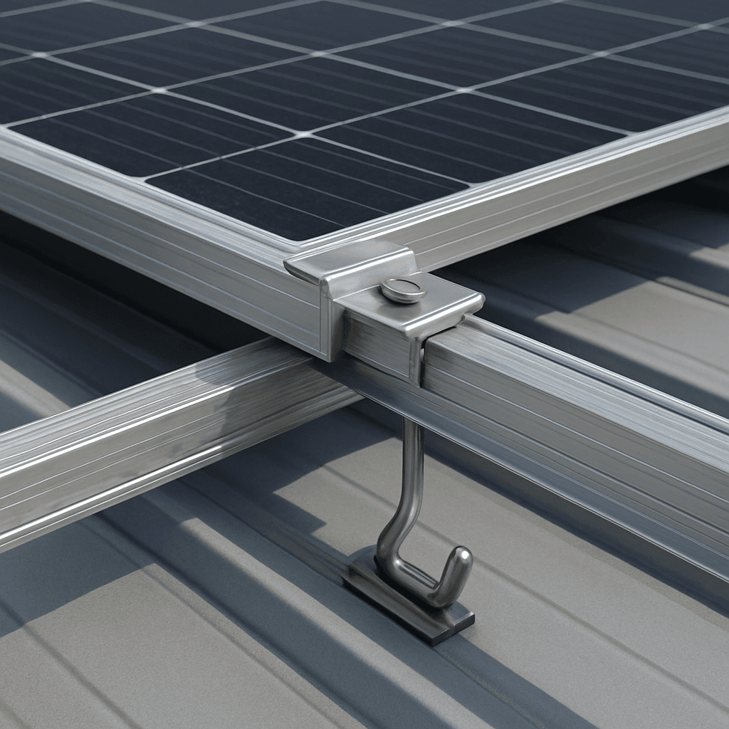 Aluminum solar mounting rails installed on a metal roof with mid clamps holding PV modules
