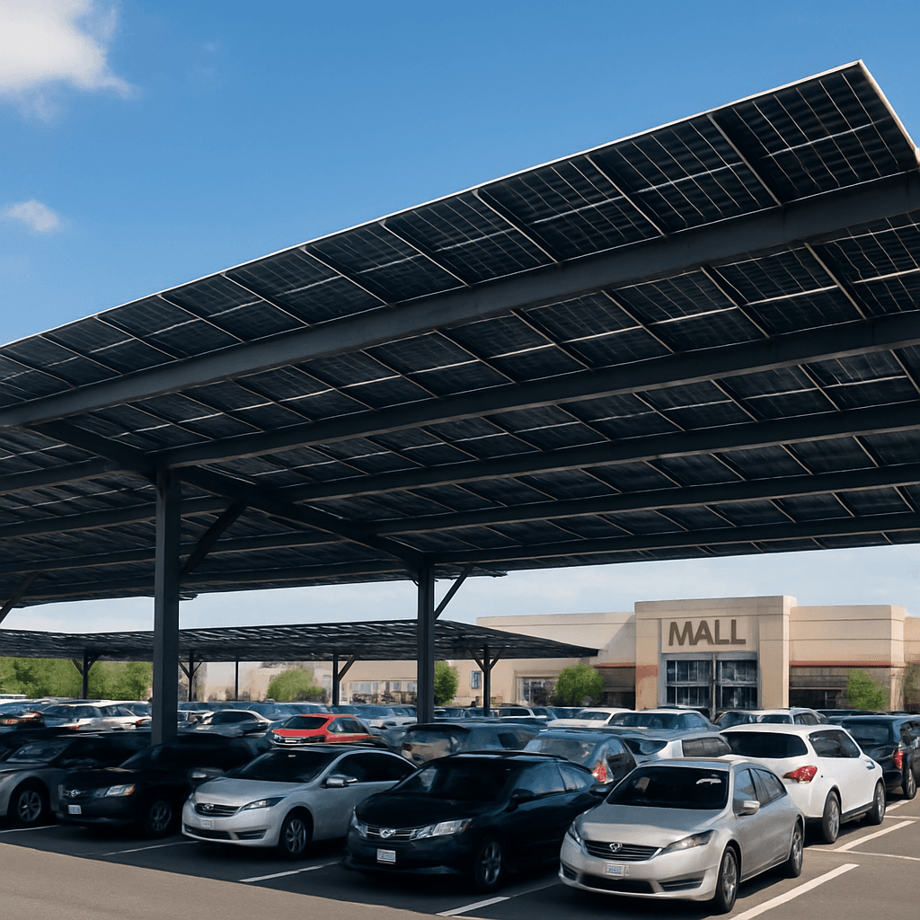 Solar carport structure covering a parking area with PV panels