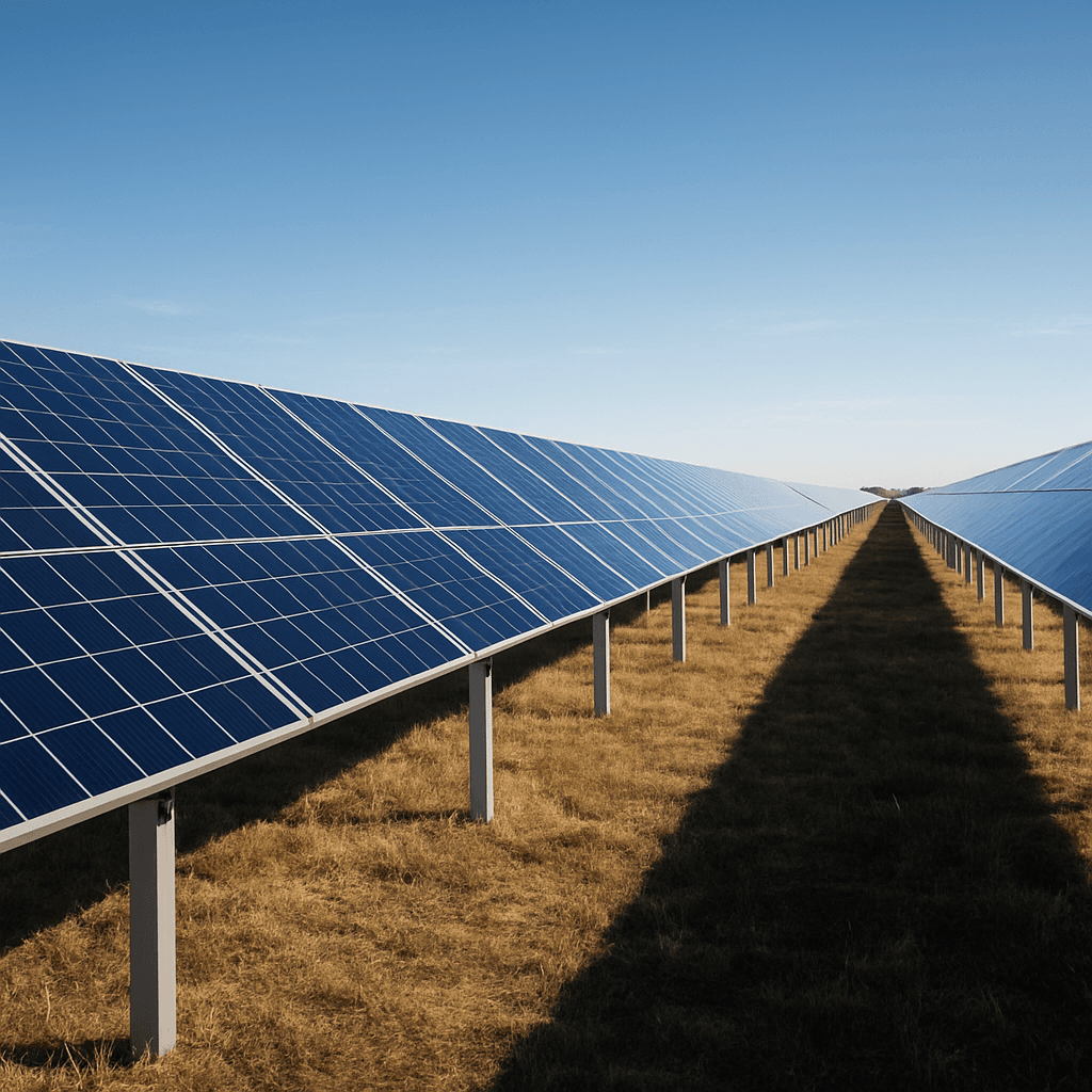 Ground-mounted solar panels arranged in rows on a steel racking system