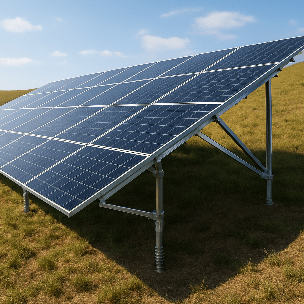 Ground-mounted solar array supported by ground screw foundations