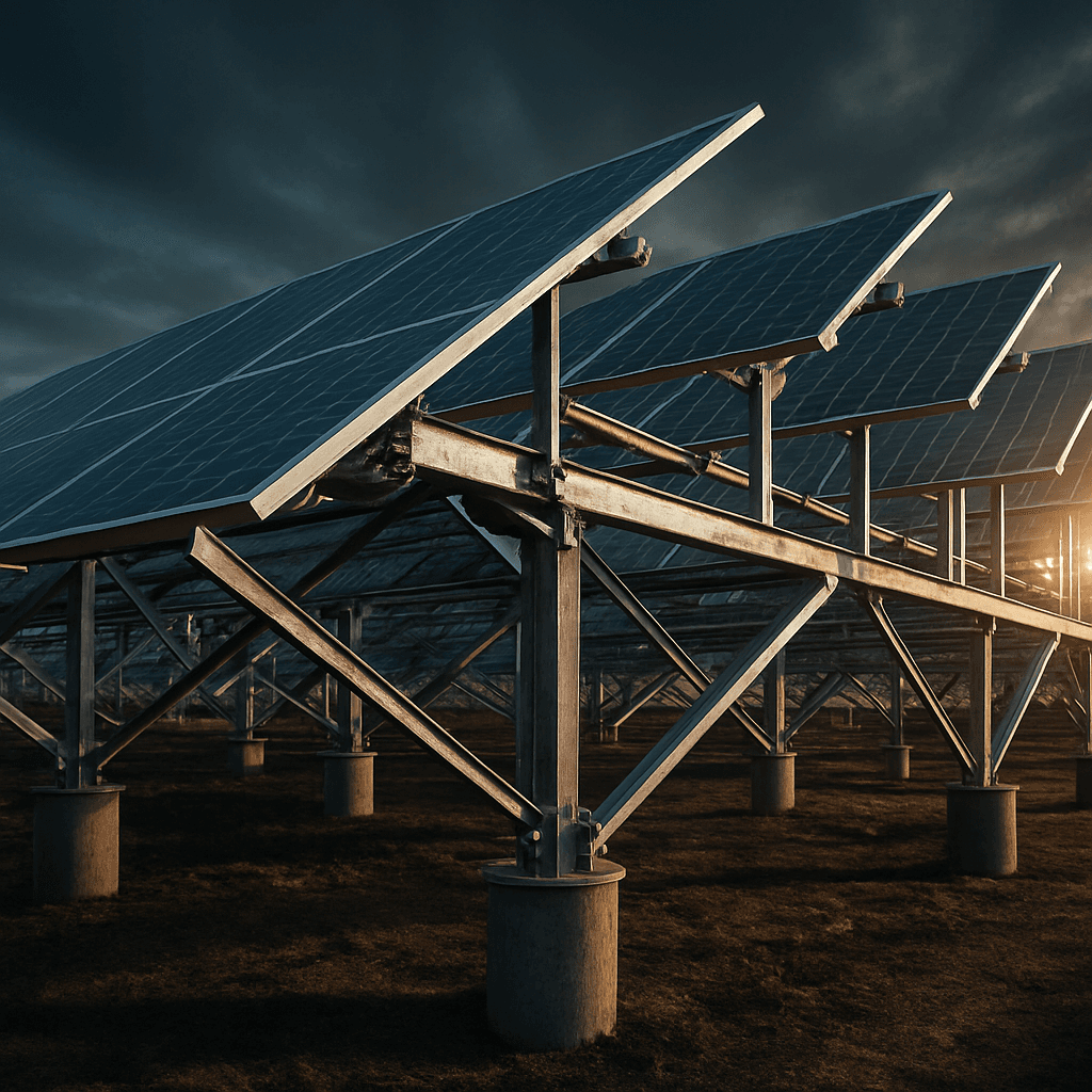 Galvanized steel solar mounting structures supporting rows of PV modules on a project site