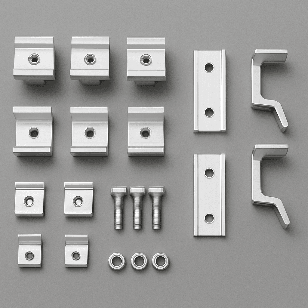 Set of solar mounting accessories including mid clamps, end clamps, rail splices and roof hooks