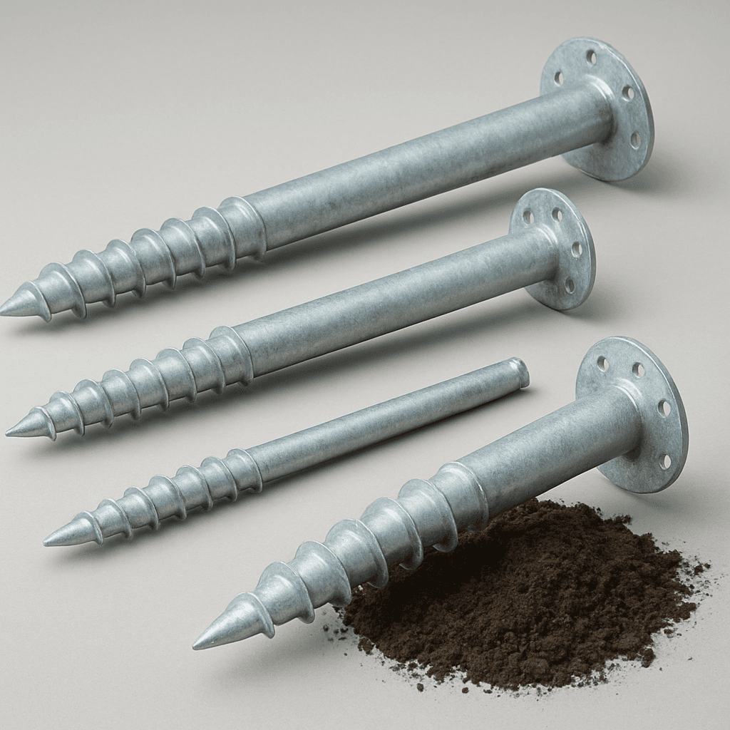 Galvanized steel ground screws used as foundations for a solar mounting system