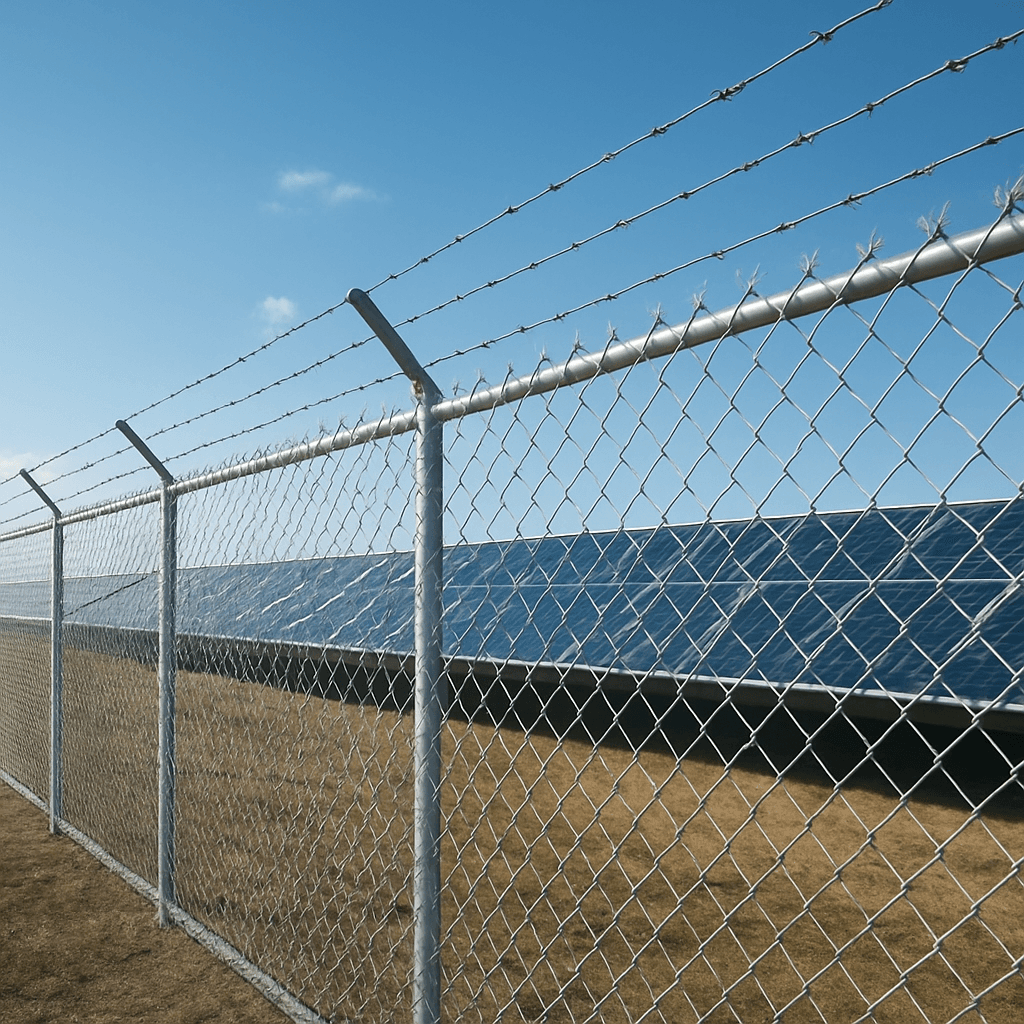 Galvanized steel solar farm fence protecting the boundary of a ground-mounted PV site