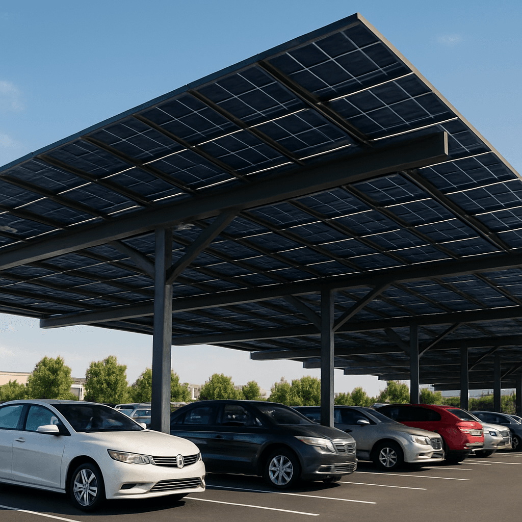 Commercial solar carport with steel structure covering multiple parking rows