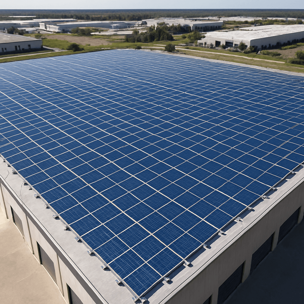 Commercial warehouse rooftop covered with solar modules on a flat roof mounting system