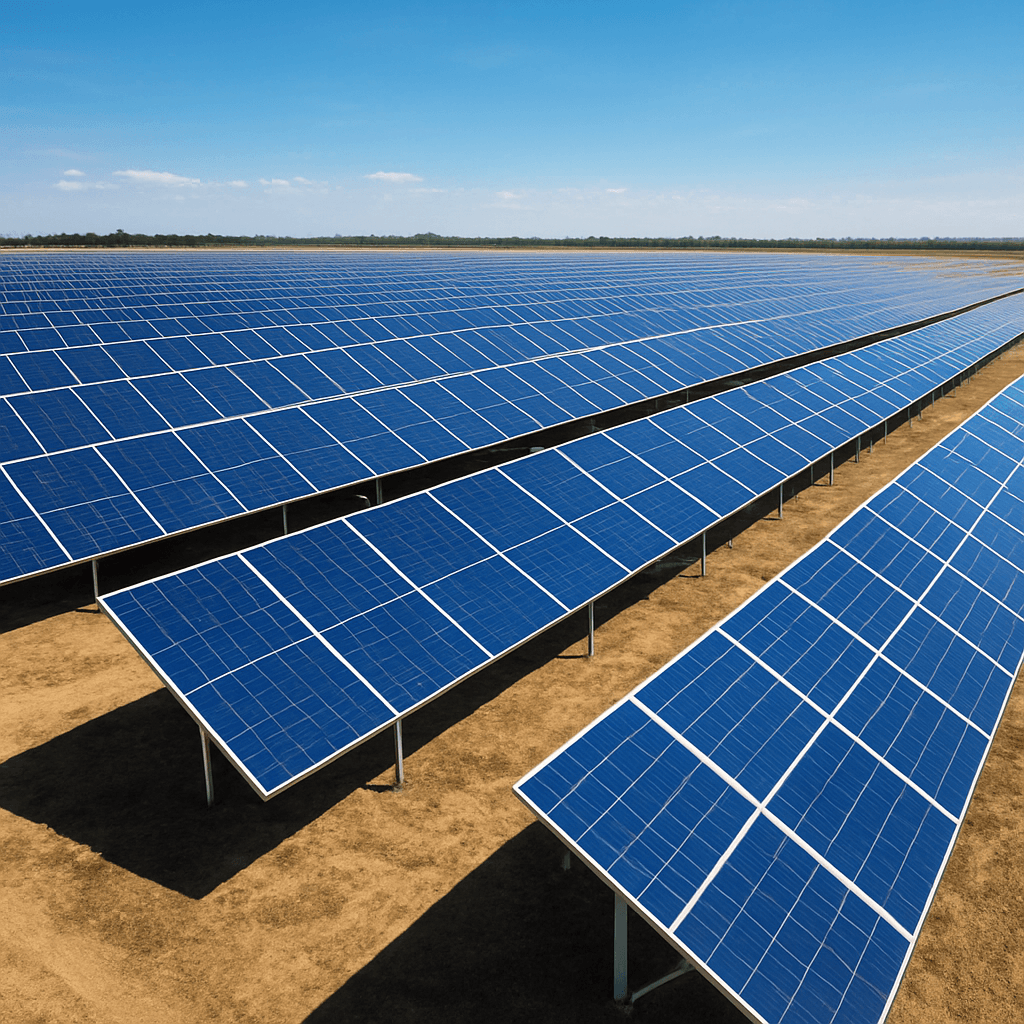 Large ground-mounted solar array with steel racking across an open project site