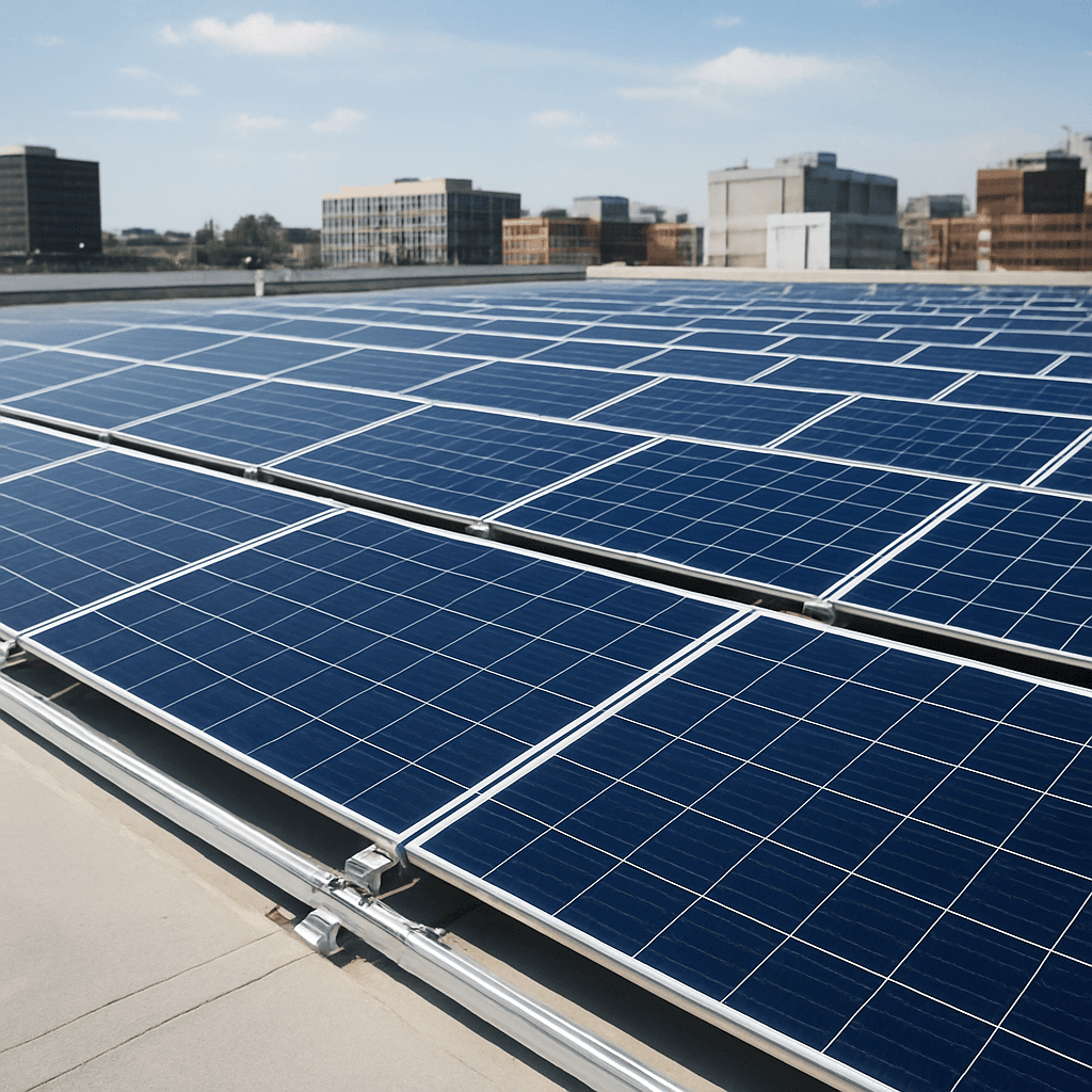 Solar modules mounted on a commercial rooftop using rail-based mounting system