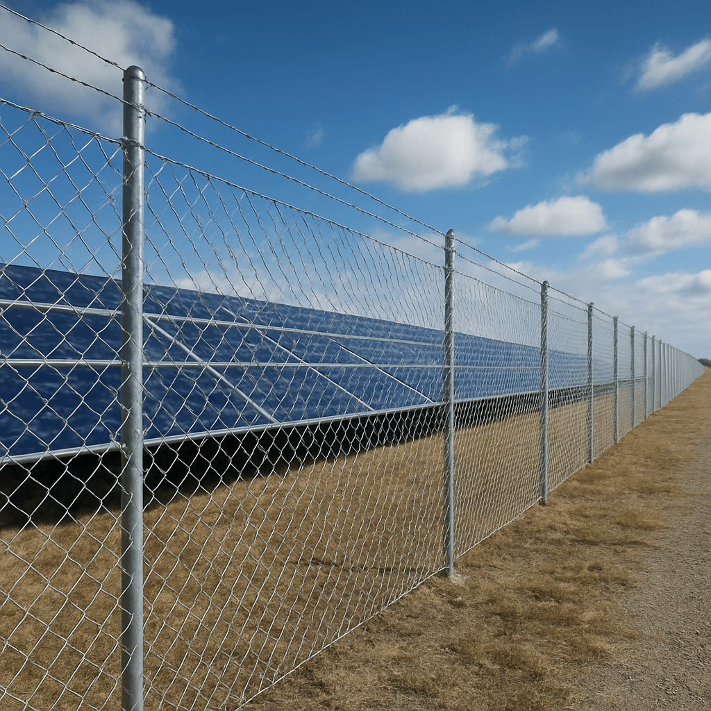Galvanized fence surrounding a solar farm for site boundary protection